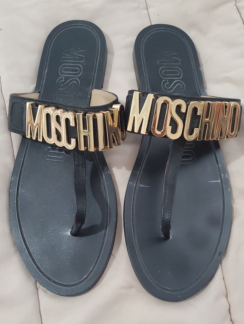 Moschino Black Sandal Thongs with Gold Logo Plaque